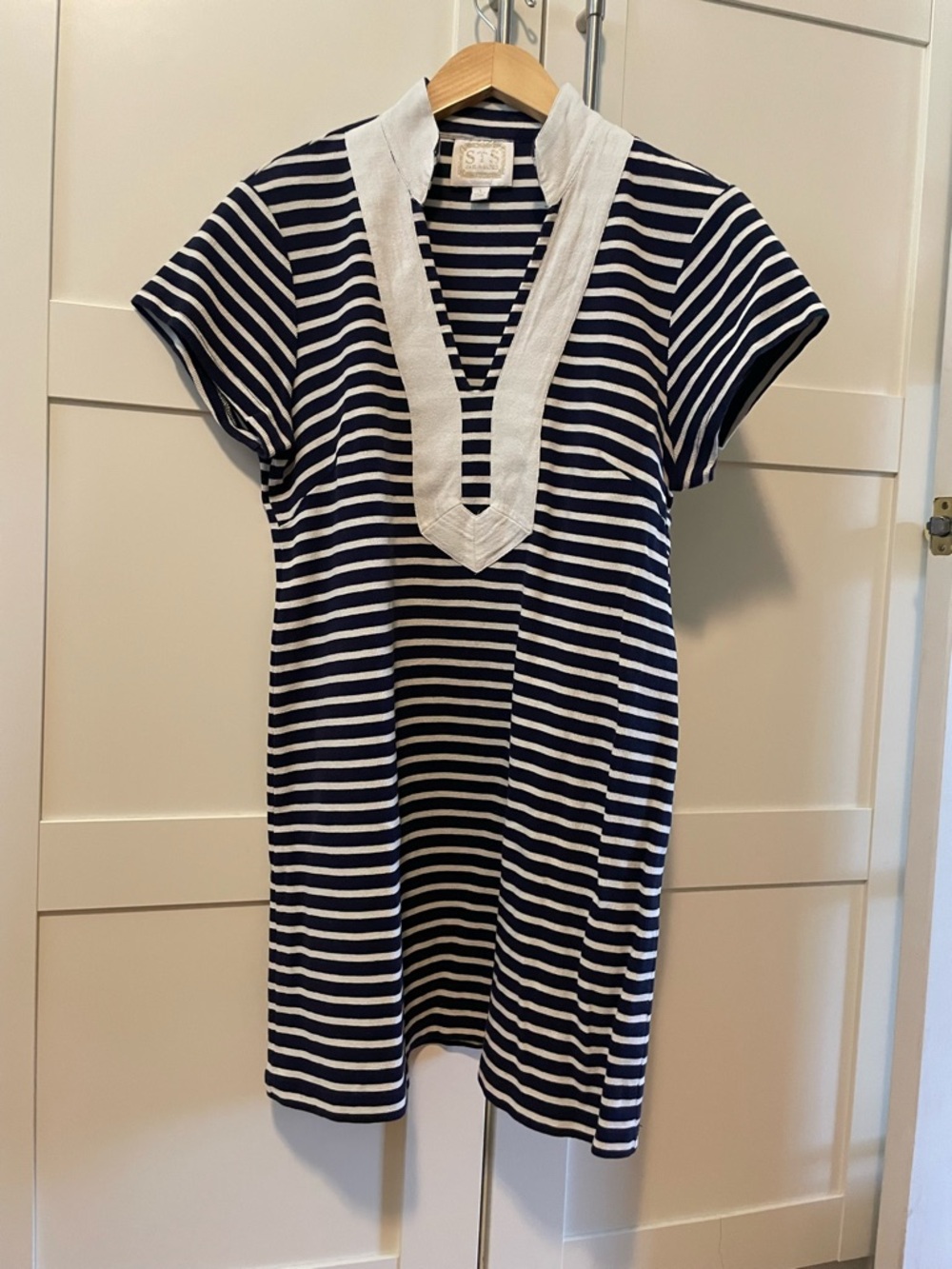 Sail to Sable Navy and Off-White Striped Tunic with V-Neck Trim